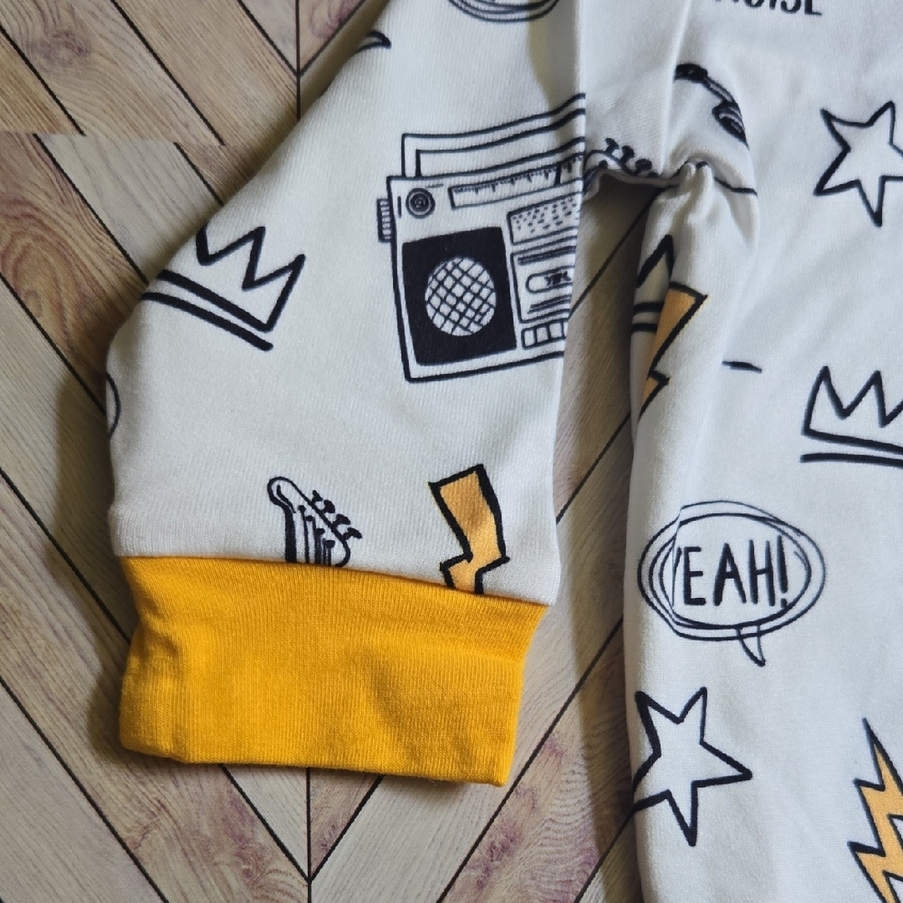 Rock & Roll Baby Jumpsuit & Beanie PJ Set Yellow White Romper One Piece 0-3M - Picture 4 of 9
